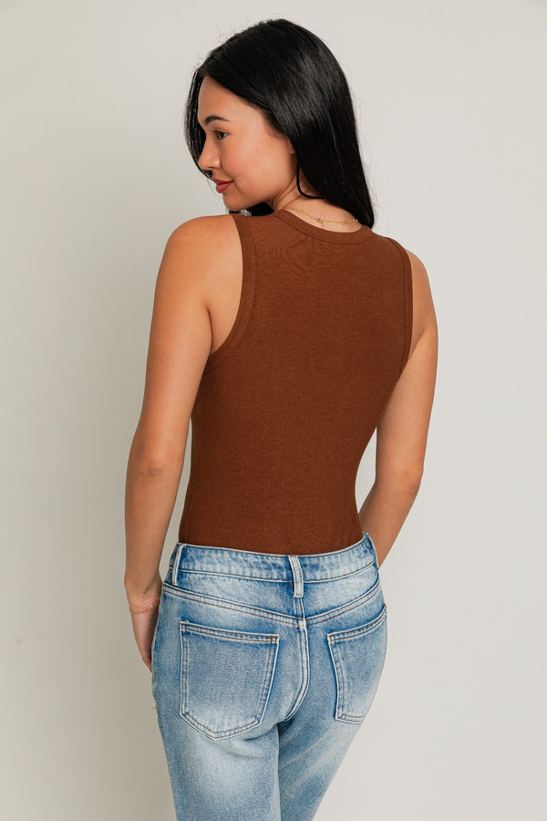 RIbbed Roundneck Sleeveless Bodysuit Brown