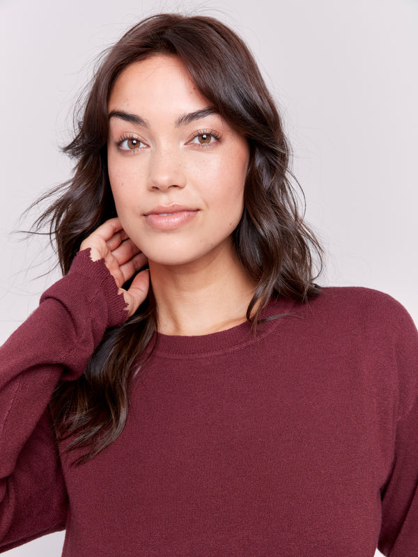 Solid Distressed Hem Round Hem Sweater Cabernet