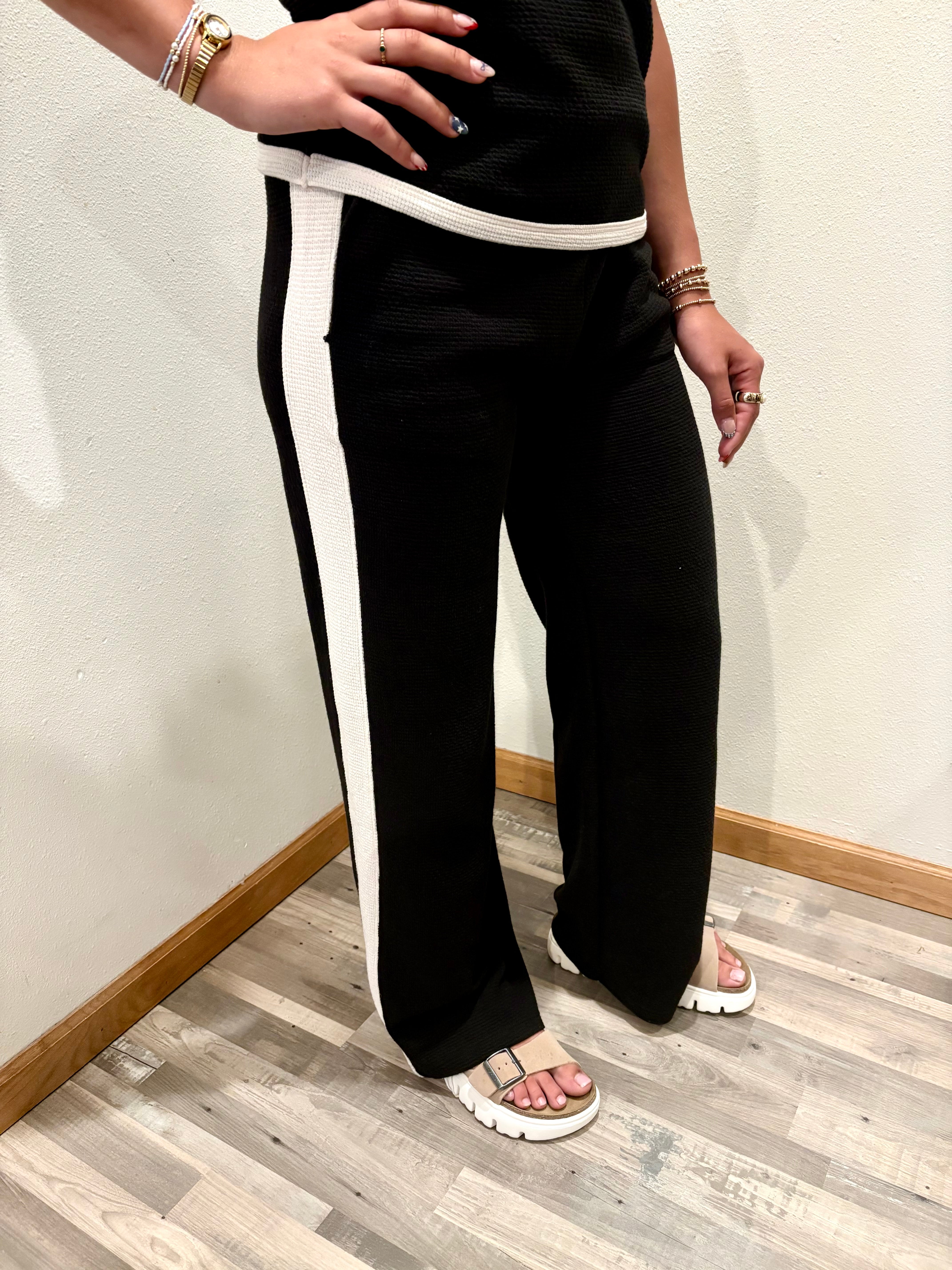 Contrast Edging Cloud Knit Stretch Waist Pants Black + Cream