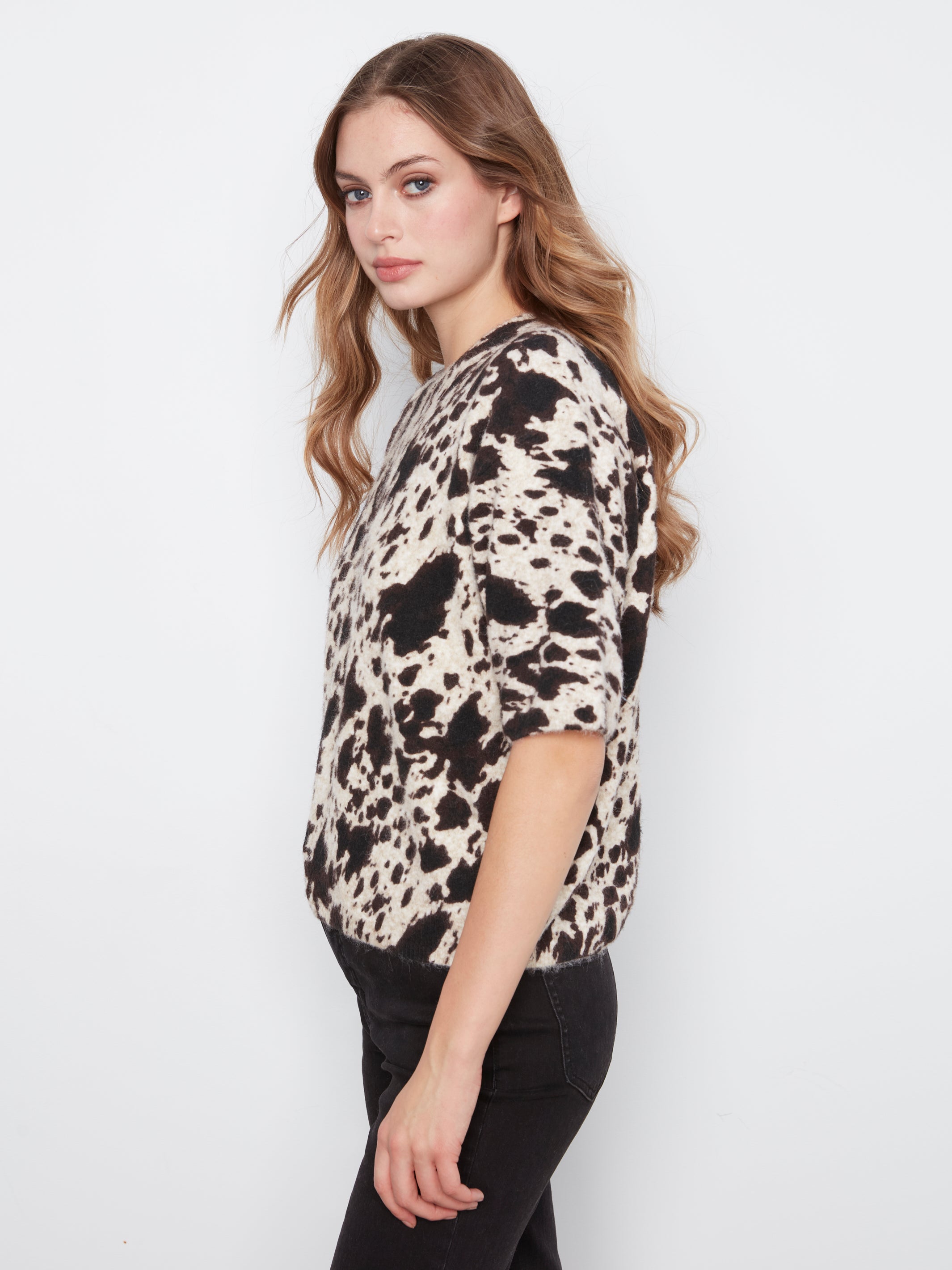 Cow Print Elbow Sleeve Balloon Shape Sweater Spots