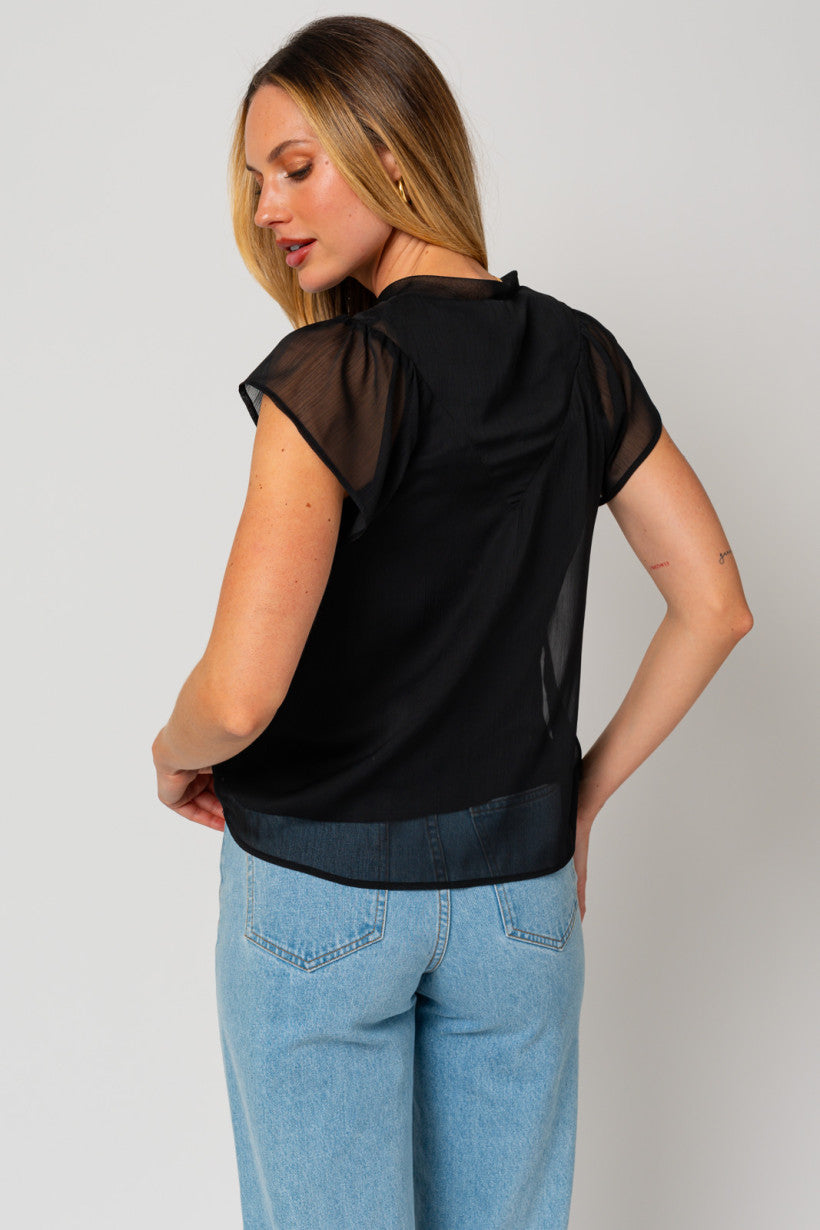 Short Flowy Sleeve Slit Neck Shirring Top Black