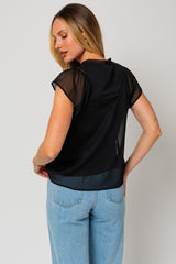 Short Flowy Sleeve Slit Neck Shirring Top Black