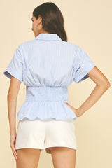 Pleated Waistline Peplum Stripe Top Light Blue