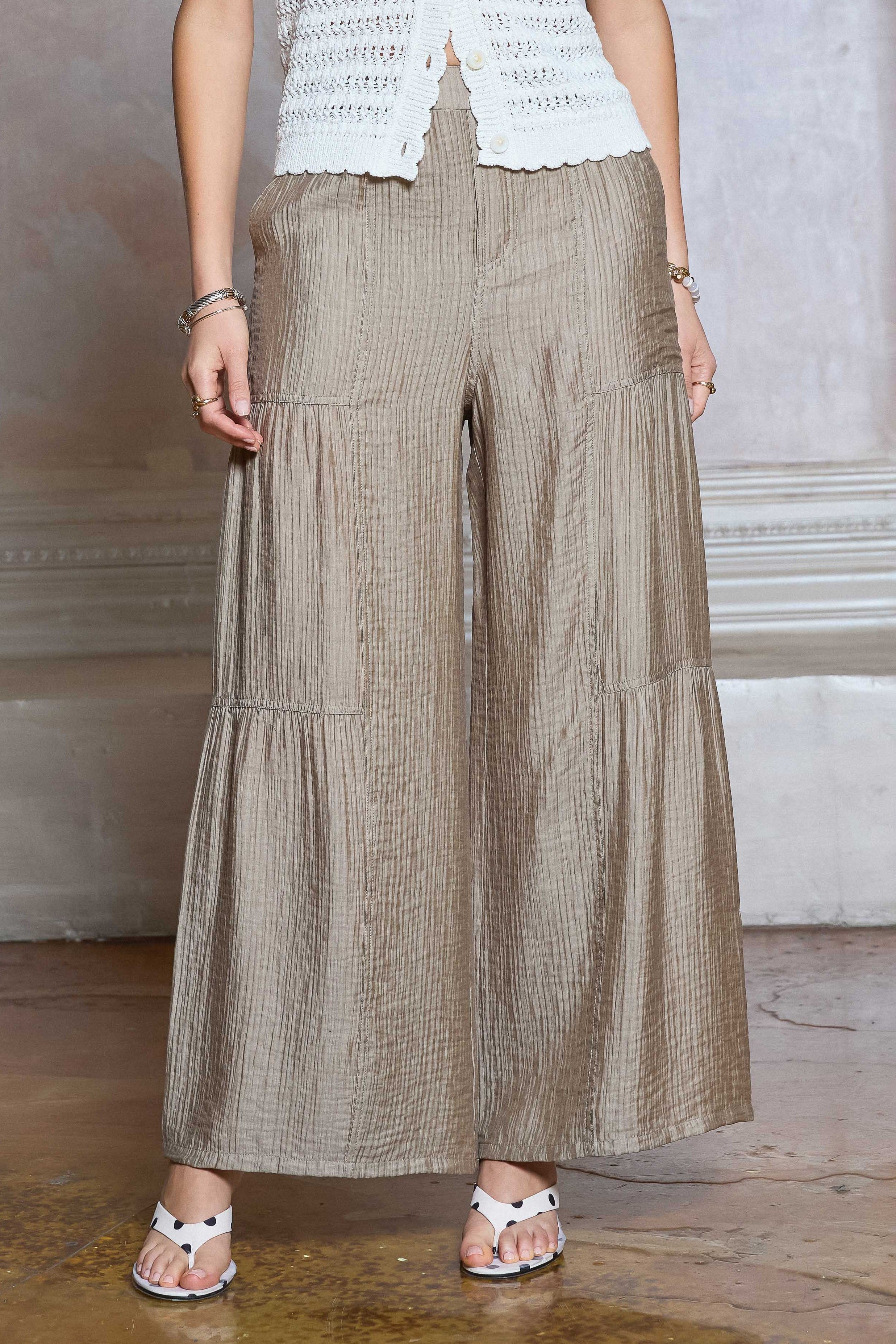 Crinkle Tiered Wide Leg Pants Dusty Sand