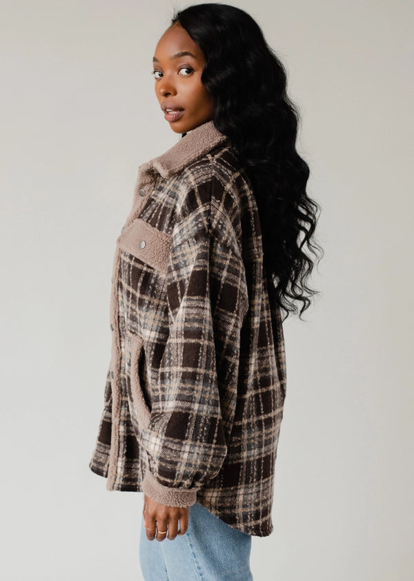 Sherpa Details Plaid Jacket Brown, Tan + Grey