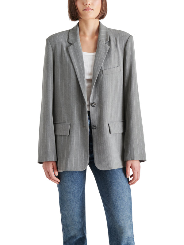 Noellie Single Breasted Boyfriend Blazer Grey + White Pinstripe