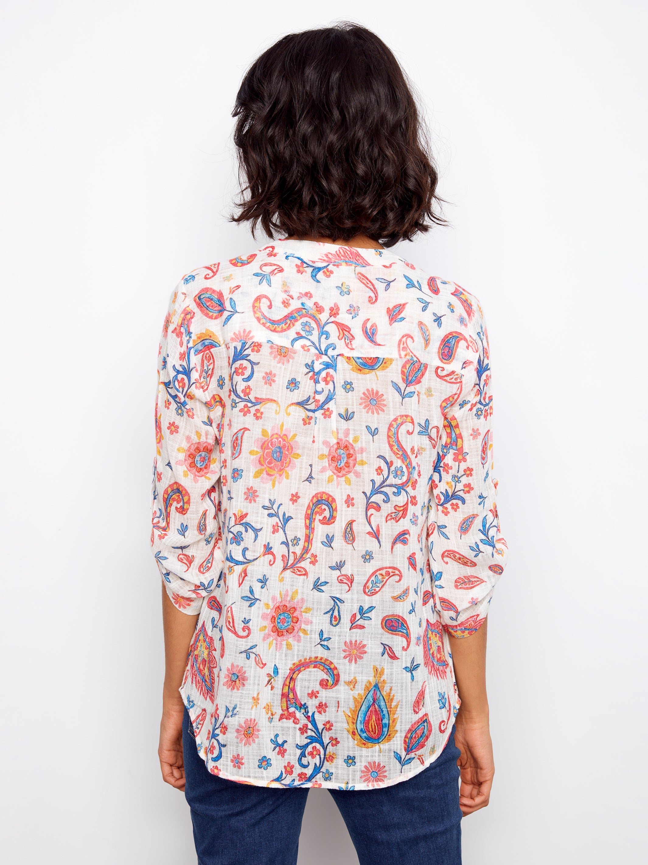 Printed Half Button Cotton Gauze Blouse Festive