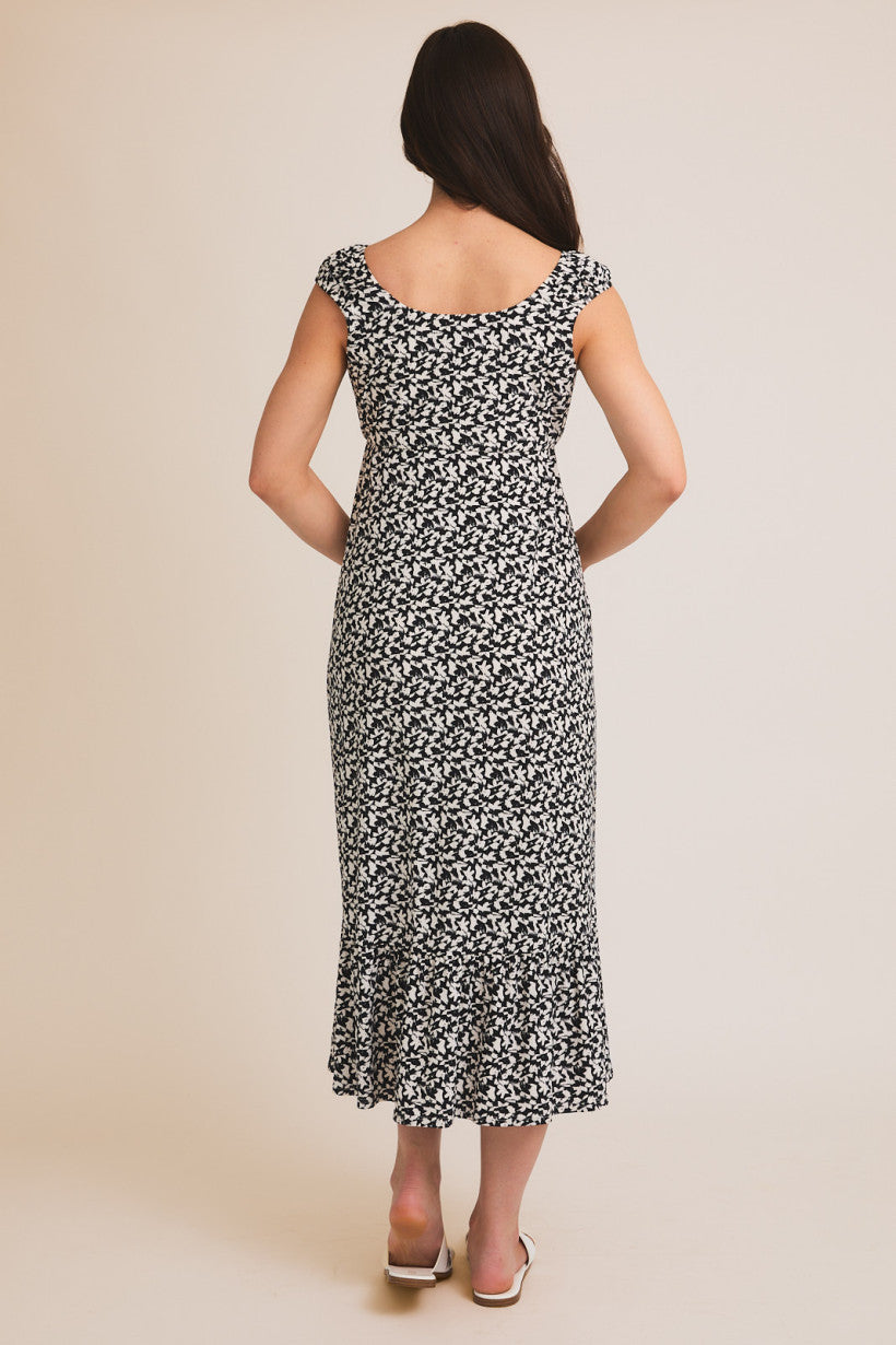 Front Tie Cap Sleeve Abstract Print Dress Black + Ivory