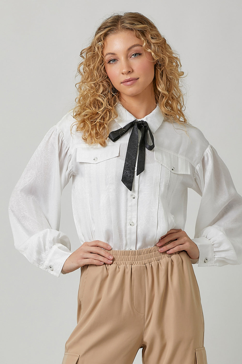 Detachable Tie Neck Pleated Satin Button Down Off White