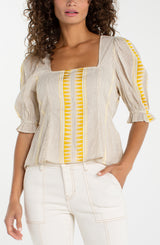Aztec Embroidered Half Sleeve Tie Back Top Cream + Brown Stripe