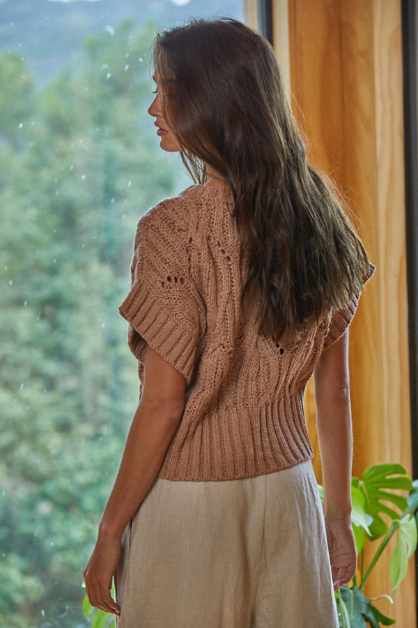 Cali Crochet Short Sleeve Sweater Top Brown