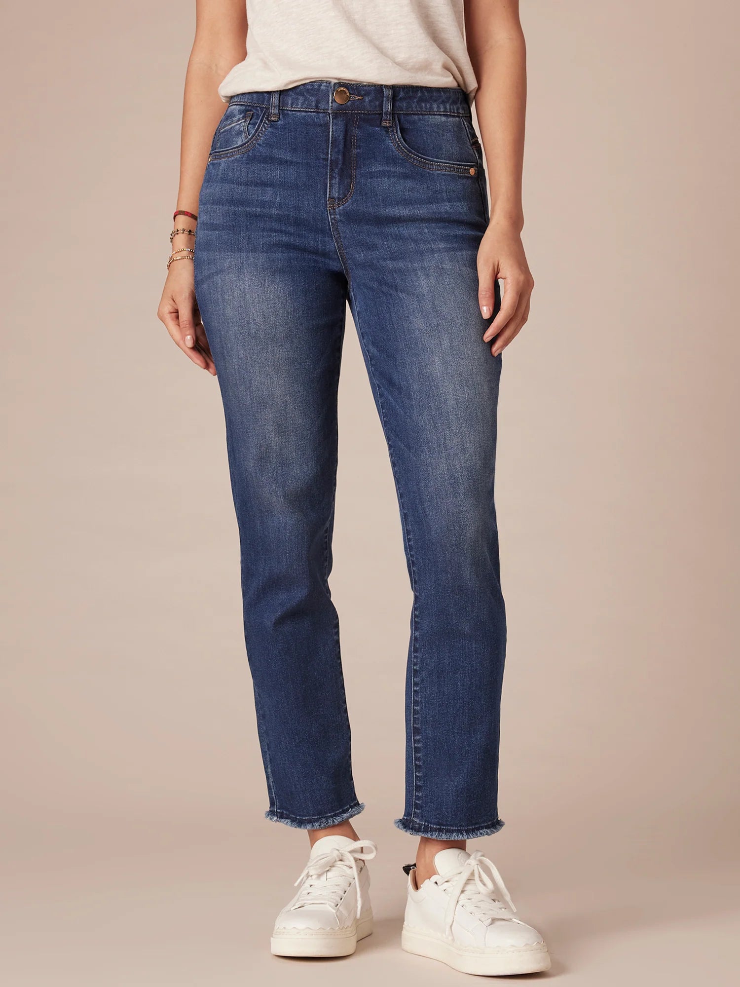 Ab Solution High Rise Slim Straight Clean Finish Fray Hem Jean Blue