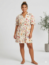 Denim Floral Print Dress Cream/Red