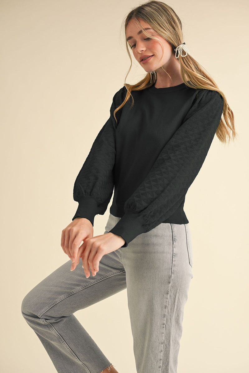 Lightweight Knit Pointelle Sleeve Sweater Black