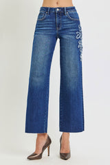 Mid Rise Crop Straight Floral Patch Jeans Dark