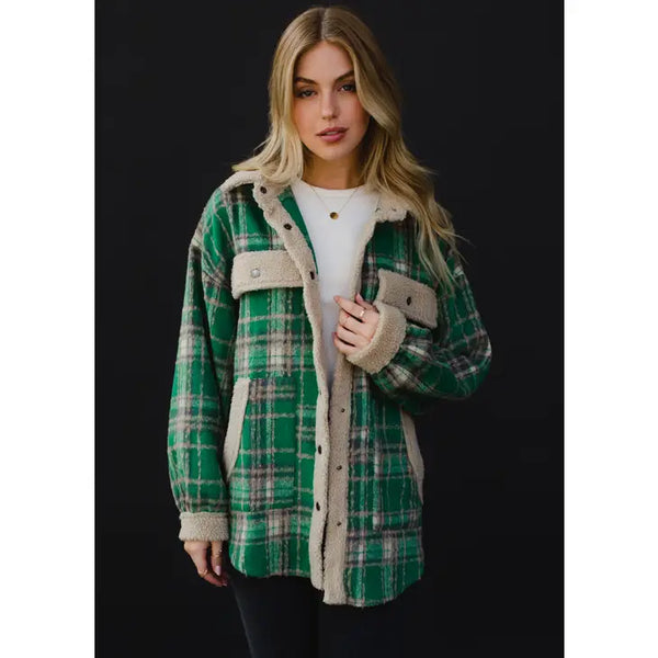 Sherpa Details Plaid Jacket Green, Tan + Gray