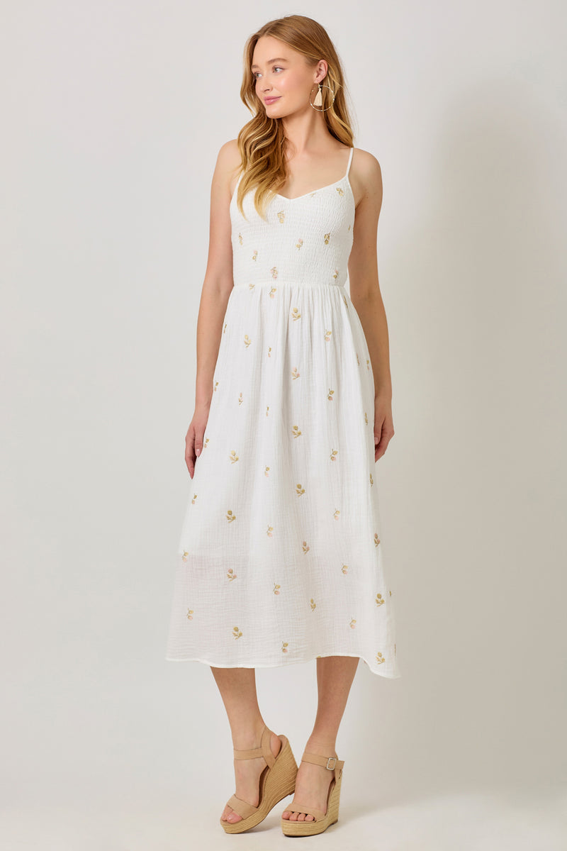 Embroidered Gauze Smocked Dress Off White
