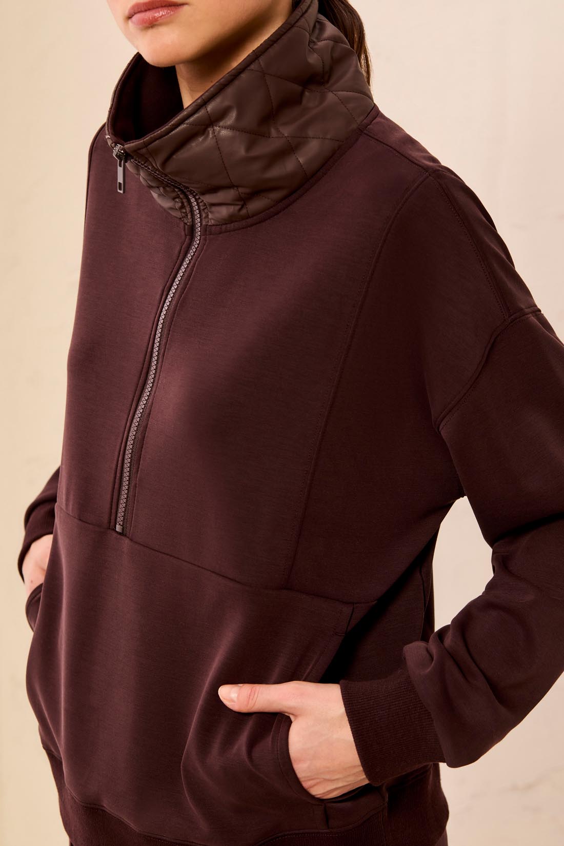 Mixed Media Quilted Neck Popover Saddle Brown