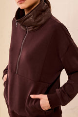 Mixed Media Quilted Neck Popover Saddle Brown