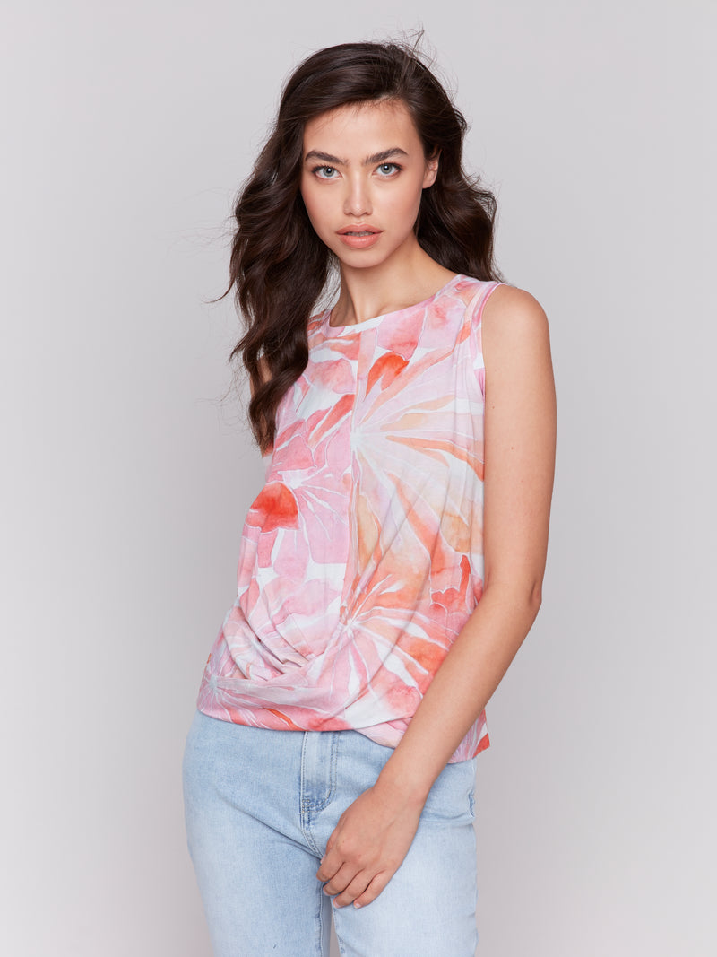 Knot Hem Printed Slub Tank Begonia