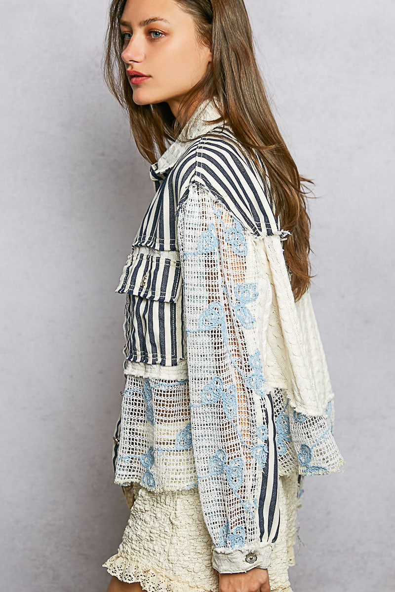 Floral Embroidered Lace Patchwork Jacket Striped Indigo