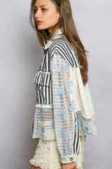 Floral Embroidered Lace Patchwork Jacket Striped Indigo