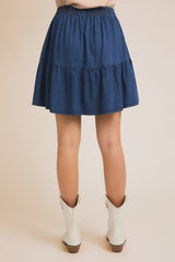 Button Detail Denim Tiered Mini Skirt Light Denim