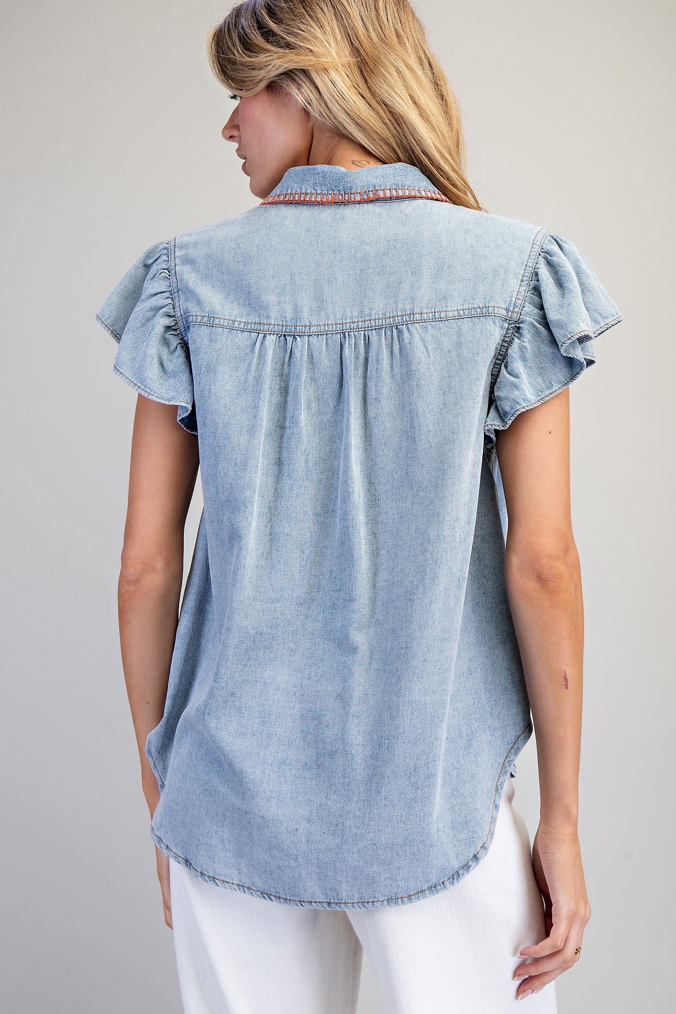 Snow Washed Multicolor Whipstitch Ruffle Sleeve Top Denim