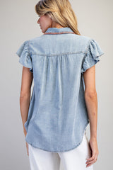 Snow Washed Multicolor Whipstitch Ruffle Sleeve Top Denim