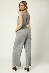 Open Back Shirred Self Tie Sleeveless Jumpsuit Heather Grey