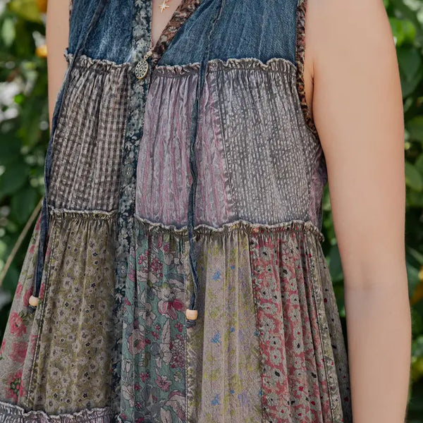Patchwork Boho Sleeveless Hoodie Dress Gravel