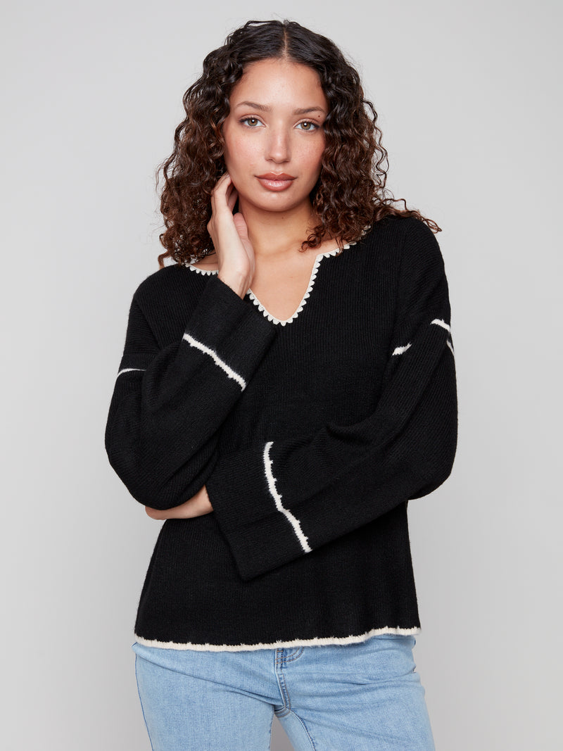 Notched Neck Rib Embroidered Sweater Black