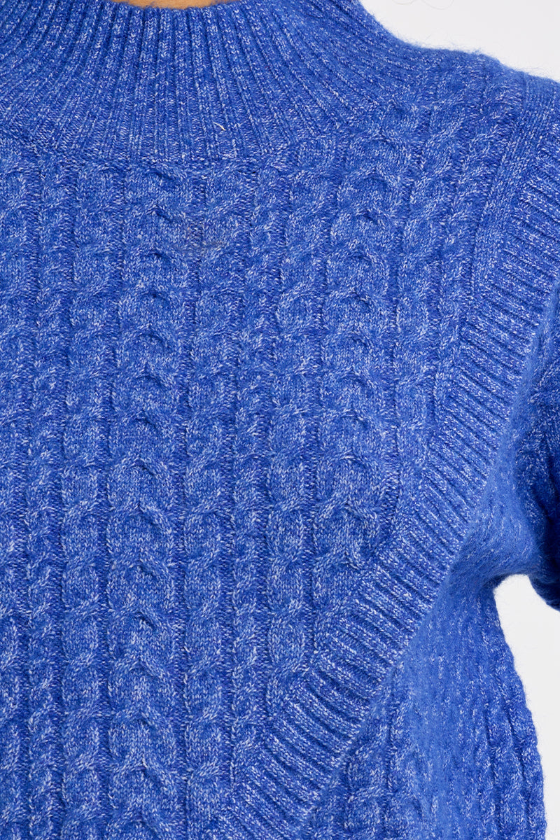 Cable Knit Crossover Mock Neck Sweater Royal Blue