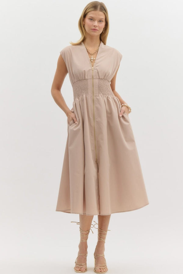 Vneck Sleevless Zipper Closure Midi Dress Latte