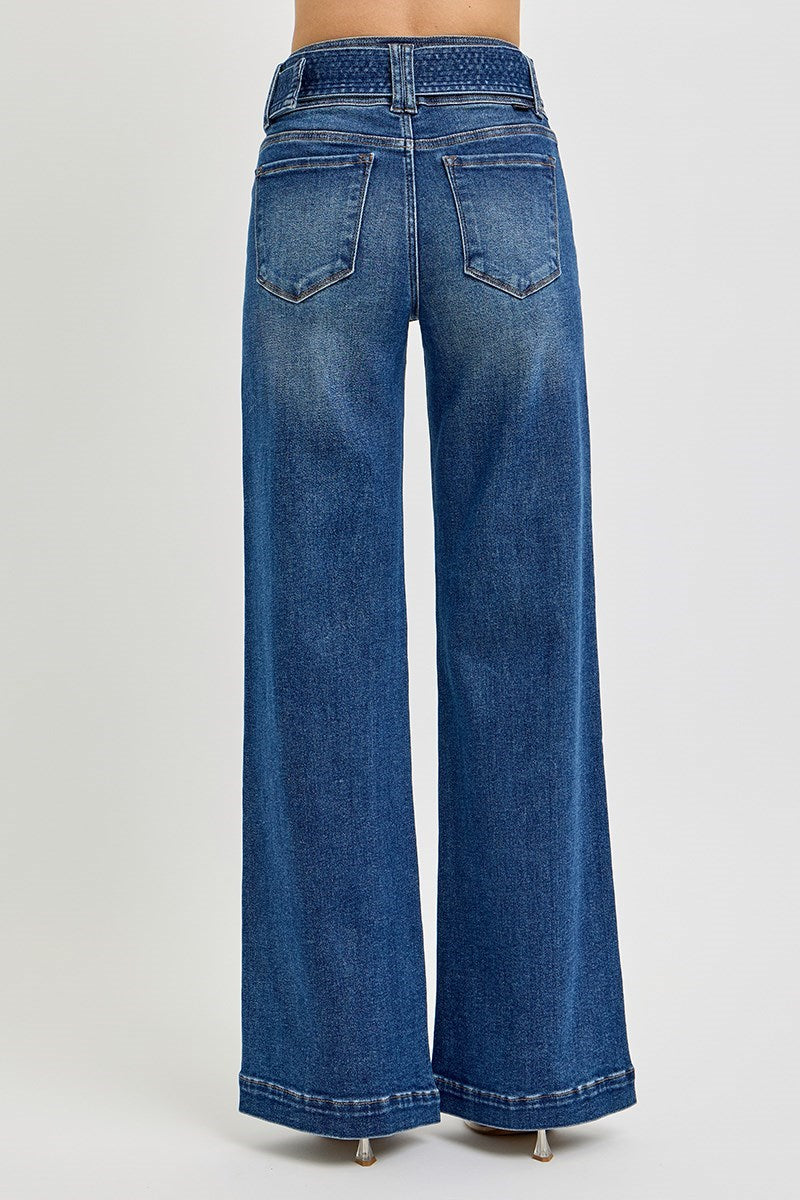 Tummy Control High Rise Wide Leg Belted Jean Dark
