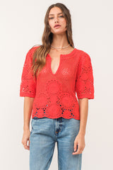 Jamila Crochet Puff Sleeve Scallop Hem Top Pimento