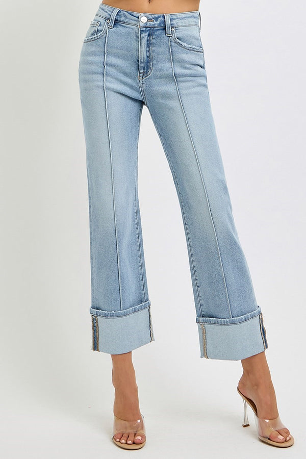 Front Seam High Rise Cuffed Straight Jeans Light
