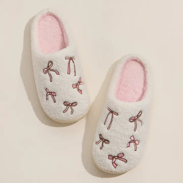 Cozy Bow Embroidered Plush Slippers Pink