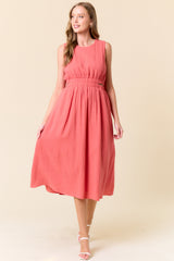 Cotton Gauze Sleeveless Cut Out Waist Midi Dress Coral