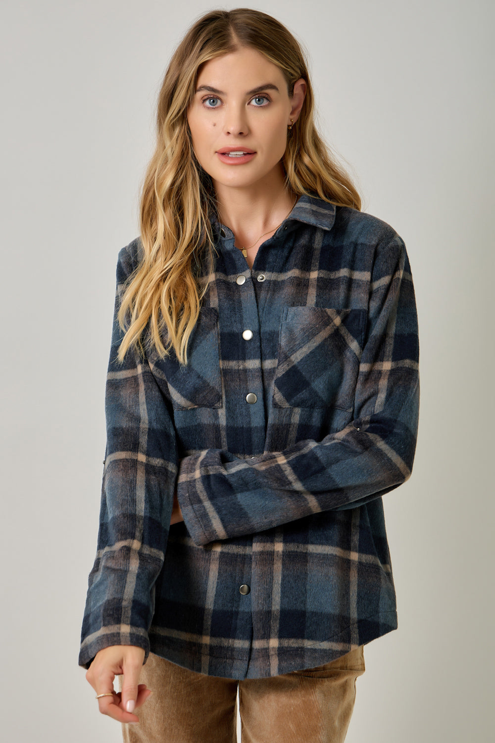 Cozy Brushed Plaid Shirt Jacket Midnight Blue