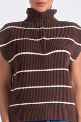Striped Cap Sleeveless Quarter Zip Sweater Brown + Beige
