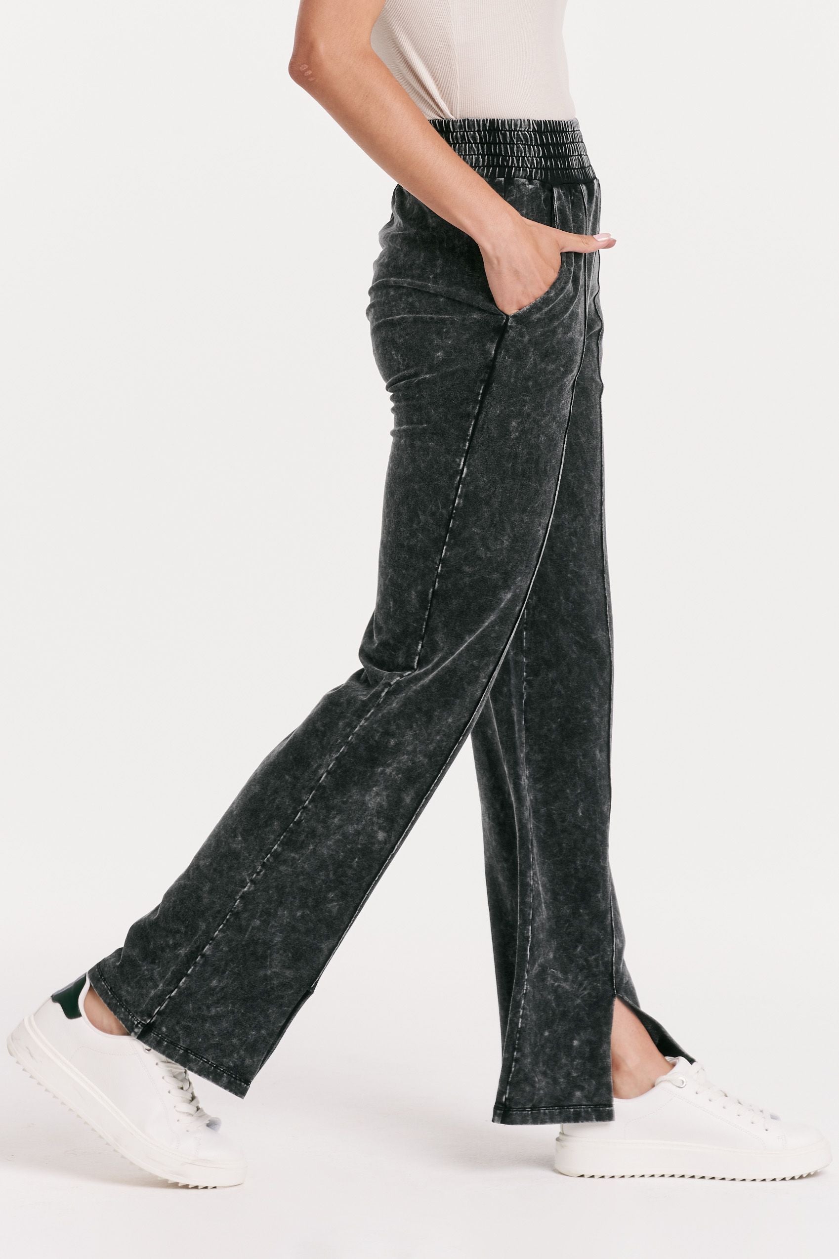 Francine Acid Wash Split Hem Flare Pants Black