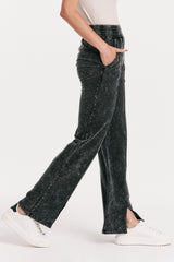 Francine Acid Wash Split Hem Flare Pants Black