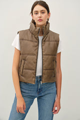 Distressed Leather Puffer Vest Brown
