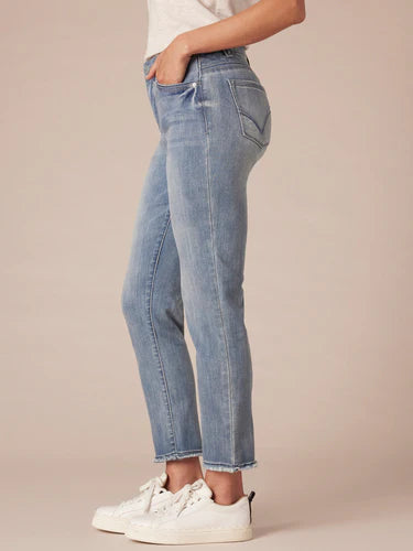 Ab Solution High Rise Slim Straight Clean Finish Fray Hem Jean Mid Blue