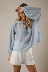 Tie Neck Printed Semi Sheer Long Sleeve Blouse Light Blue Cream Paisley