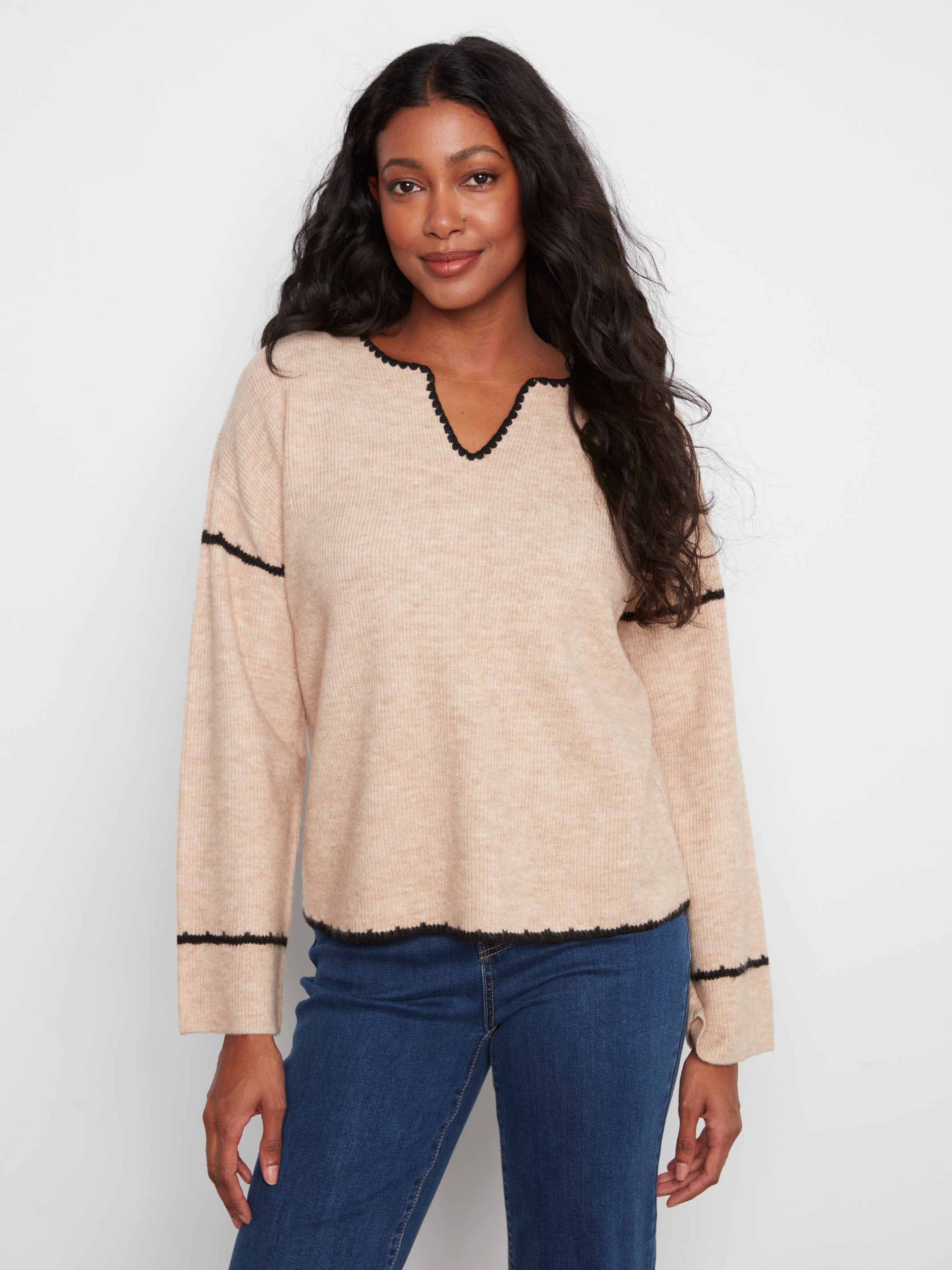 Notched Neck Rib Embroidered Sweater Almond