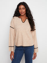 Notched Neck Rib Embroidered Sweater Almond