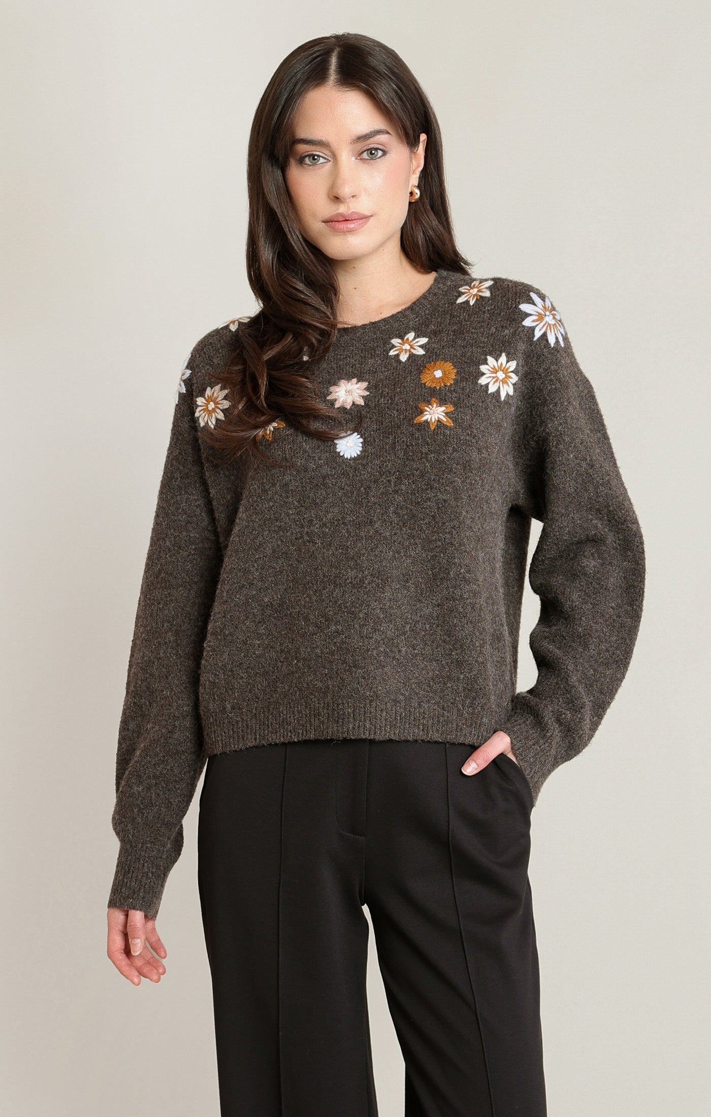 Embroidered Mix Daisies Sweater Espresso Heather