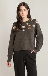 Embroidered Mix Daisies Sweater Espresso Heather